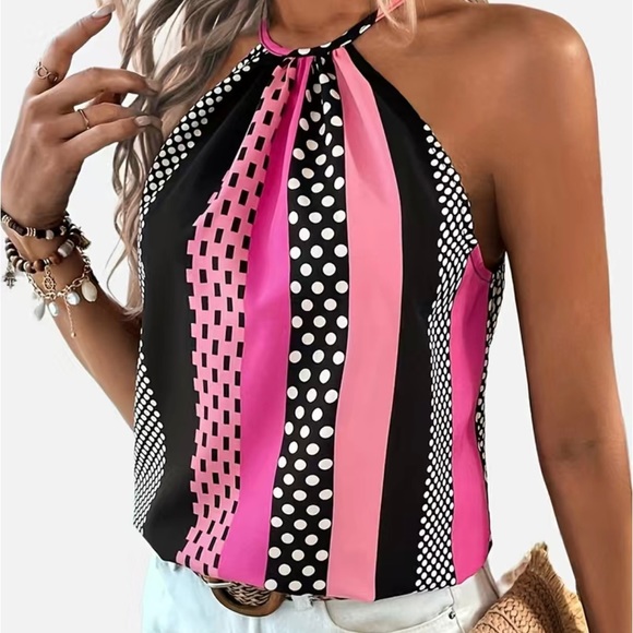 Pink Black Stripe Halter Blouse Size Small - Picture 2 of 3